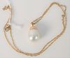 14 Karat Gold Chain, with long pearl, set with 14 karat gold and diamonds.