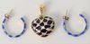 Hidalgo Three Piece Lot, to include pair of silver enameled earrings; along with 18 karat gold heart pendant, with blue enameling and diamonds, gold 9