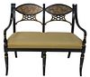 Theodore Alexander "Between Friends" Regency Style Ebonized Settee, height 36 inches, width 42 inches, depth 22 3/4 inches.