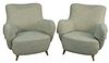 Pair of Vladimir Kagan Barrel Chairs, with light green upholstery and walnut legs, height 30 inches, width 30 inches, depth 27 inches. Provenance: The