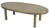 Philip and Kelvin Laverne, Etruscan oval coffee table, acid etched brass and patinated, height 14 inches, length 48 inches, width 23 1/2 inches.
