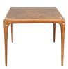 Vladimir Kagan Card Table, having burled top with walnut base, stamped Kagan on bottom, with one 27 3/4 inch leaf, height 28 inches, top 34" x 34", op