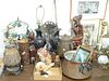 Large tray lot to include; Bali Carved Wood Figure, hand hammered copper pot, made in Italy; three Oriental lamps; carved figures; small boudoir lamp;