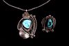 Signed Navajo Sterling Turquoise Necklace & Ring