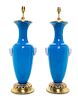 * A Pair of Baccarat Bleu Drapeau Glass Vases Height overall 23 1/4 inches.