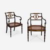 A Near Pair of Regency Style Parcel-Gilt, Polychrome-Painted and Ebonized Armchairs, 20th century