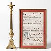 Brass Altar Candlestick and a Framed Manuscript Page