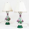 Pair of Enamel-painted Glass Vases Mounted as Lamps and a Carved Giltwood Lamp