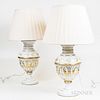 Pair of White Glass and Gilt Urn-form Lamps