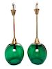 * A Pair of Brass and Glass Pendant Fixtures Height 30 inches.