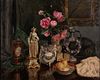 Scuola italiana, inizi secolo XX - Still Life with Flowers in a Vase and Furnishings on a Table
