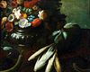 Scuola italiana, secolo XVII - Flowers in a vase and vegetables en plein air