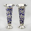 Pair Sterling Floral Openwork Glass Trumpet Vases
