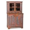 A Continental Blue and Red Painted Pine Step-Back Cupboard