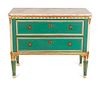 A Louis XVI Style Parcel-Gilt and Painted Commode
Height 36 x width 44 x depth 21 1/2 inches.