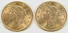 Two Liberty Head $20 Gold Coins