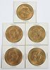 Five Austrian 100 Corona Gold Coins 