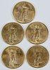 Five St. Gaudens $20 Gold Coins 