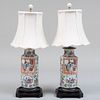 Pair of Chinese Export Canton Famille Rose Porcelain Vases Mounted as Lamps and a Pair of Custom Illumé Shades
