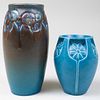 Two Rookwood Pottery Blue Glazed Vases Molded with Stylized Flowers