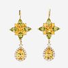 A pair of peridot, yellow sapphire, yellow beryl, and eighteen karat gold earrings,
