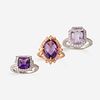 A collection of three amethyst and diamond rings,