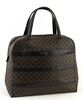 Celine Black and Brown Macadam Coated Canvas Vintage Handbag, the exterior with an open picket in the front and black leather strips across both sides