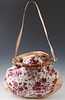 Gucci Pink Floral Canvas Medium Peggy Bamboo Handbag, with tan leather accents and silver hardware, the interior of the bag lined in beige canvas with