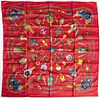 Hermes Qu' Importe Le Flacon Silk Scarf, first issued in1986, with the 'Le Flacon' motif and red background, with hand rolled edges, H.- 36 in., W.- 3