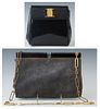 Two Vintage Handbags, one a Charles Jourdan Grey Suede Clutch, with gold hardware and black lucite snap closure, the interior of the bag lined in a bl