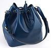 Louis Vuitton Blue Noe PM Epi Leather Shoulder Bag, with blue stitching and brass hardware, opening to a blue suede interior with key ring, the strap 