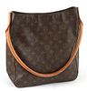 Louis Vuitton Brown Monogram Coated Canvas GM Looping Shoulder Bag, the zipper opening to a beige suede interior with one zip pocket and a small open 