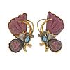 14k Gold Carved Tourmaline Diamond Butterfly Earrings 