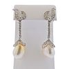 Mid Century 18k Gold Baroque Pearl Diamond Drop Earrings 