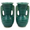 (2 Pc) Art Deco Green Ribbed Ceramic Vases
