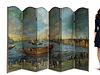 Large Hand Painted Folding Screen, Oil on Board