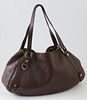 Gucci Dark Brown Leather Abbey Hobo Handbag, with brown leather double handles and gold hardware, the interior of the bag lined in a tricolor equestri