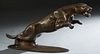Unusual Patinated Bronze Leaping Jaguar, 20th/21st c., on a large rounded integral base, H.- 11 1/2 in., W.- 25 in., D.- 5 1/2 in.