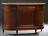 French Louis XVI Style Inlaid Carved Mahogany Demilune Marble Top Sideboard, early 20th c., the thick breakfront highly figured ocher marble over a ce