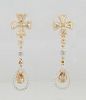Pair of 14K White and Yellow Gold Pendant Earrings, the cruciform yellow diamond mounted stud to yellow marquise diamond mounted shaped links, suspend