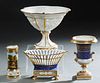 Group of Four French Old Paris Porcelain Pieces, 19th and 20th c., consisting of a gilt decorated compote bearing a label for Edward Honore; a polychr
