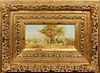 Chinese School, "Zebras in the Savanna," 20th c., oil on board, signed lower right, presented in a large gilt frame, H.- 7 1/2 in., W.- 15 1/2 in., Fr