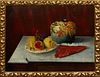 American School, "Still Life of Fruit, Crockery and a Napkin on a Tabletop," 19th c., oil on board, unsigned, presented in a relief gilt frame, H.- 13