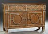 Santa Maria Carved Mahogany Sideboard, 21st c., the rectangular top over two large frieze drawers with applied silvered geometric decorations, above d