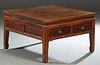 Chinese Carved Huali Wood Low Table, 19th Zhejiang, China, the square top over two frieze drawers on one side, on block legs, H.- 20 1/4 in., W.- 34 i