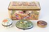 Group of four boxes to include, Capodimonte box with hinged lid, agate trinket case, painted porcelain with floral motif trinket box, along with a Lim