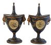 Pair of Victorian Tole Chestnut Urns, having gilt and paint decoration with finial top and lion head handles, height 11 1/4 inches.
