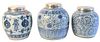 Three Chinese Blue and White Porcelain Ginger Jars, each having a silvered lid, tallest height 11 inches.