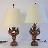 Pair Rouge Marble Brass Mounted Urns, made into table lamps, having figural mounts, urn height 13 1/2 inches.