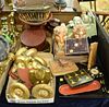 Three Tray Lots, to include gilt ceramic eagle bookends; carved wood lion bookends; 6 gilt wood tie backs; an inkwell in the form of a book; along wit